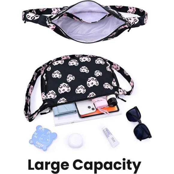 Mini Crescent Bag with Adjustable Strap, 2 Zippers Lightweight Nylon Bag - Black - Picture 4 of 6